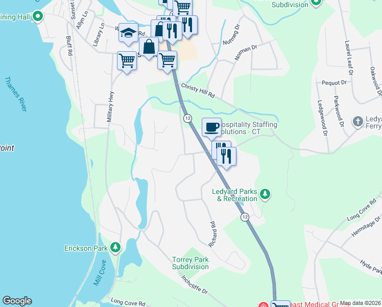 map of restaurants, bars, coffee shops, grocery stores, and more near 32 Kings Highway in Ledyard