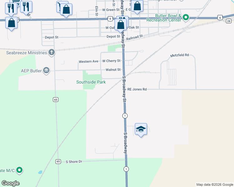 map of restaurants, bars, coffee shops, grocery stores, and more near 760 South Broadway Street in Butler