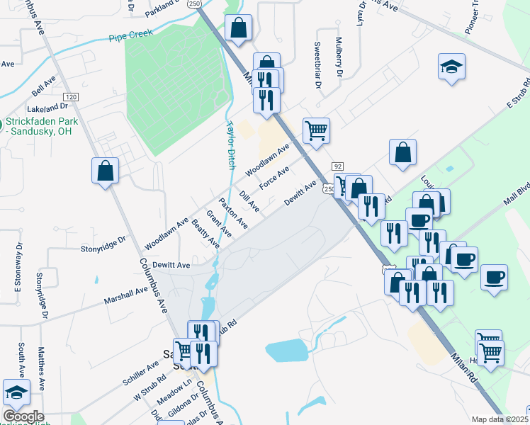 map of restaurants, bars, coffee shops, grocery stores, and more near 703 Dewitt Avenue in Sandusky