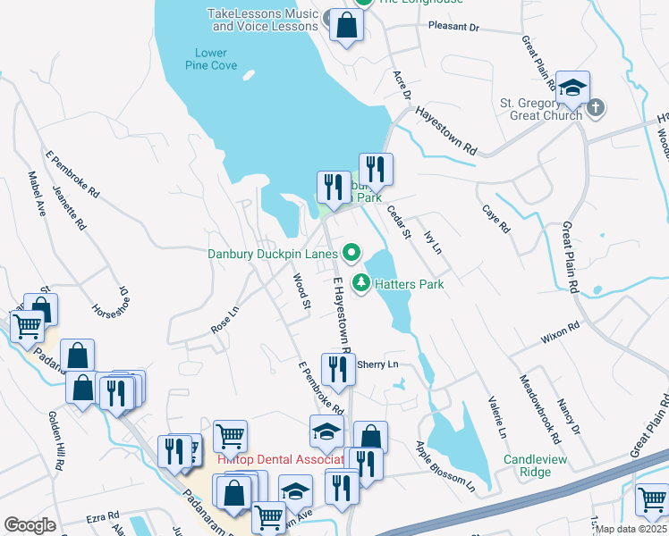 map of restaurants, bars, coffee shops, grocery stores, and more near 44 East Hayestown Road in Danbury