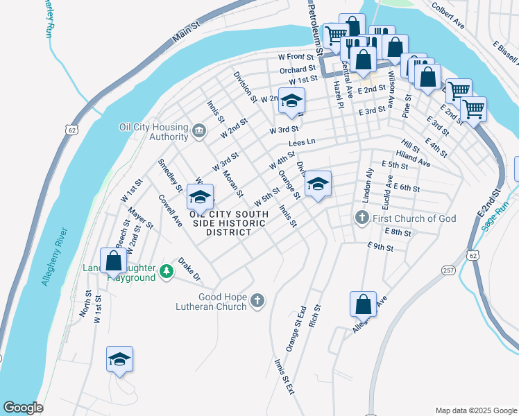 map of restaurants, bars, coffee shops, grocery stores, and more near 410 Innis Street in Oil City