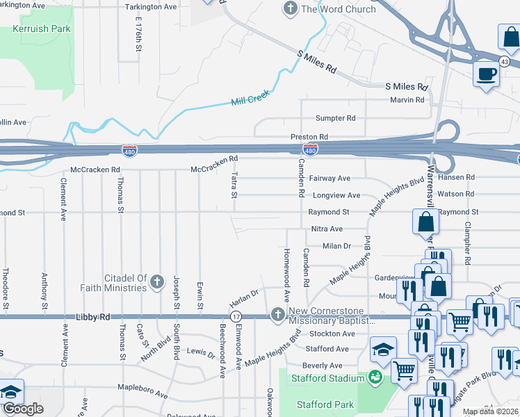map of restaurants, bars, coffee shops, grocery stores, and more near 18914 Longview Avenue in Maple Heights