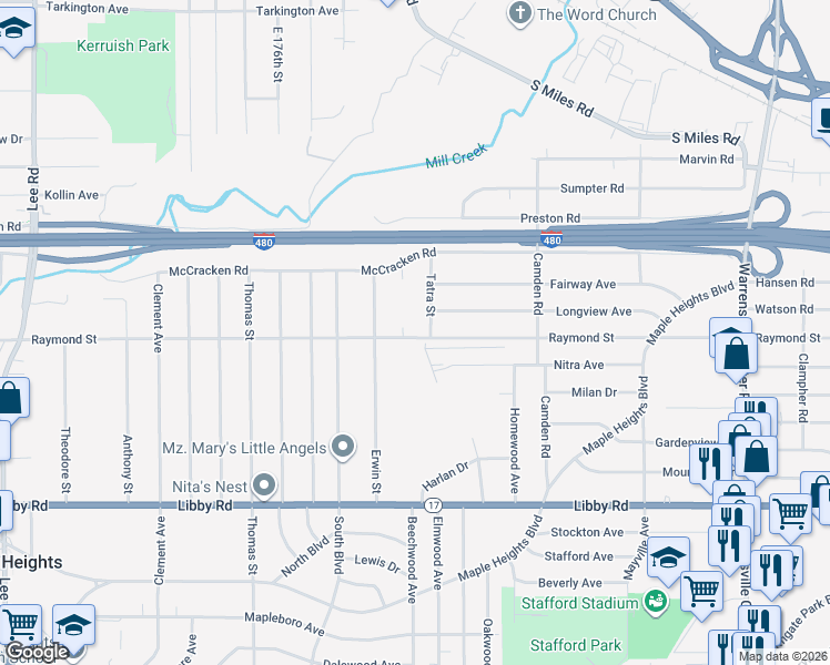 map of restaurants, bars, coffee shops, grocery stores, and more near 18501 Raymond Street in Maple Heights