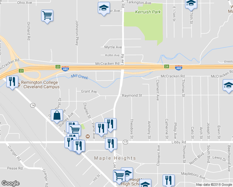 map of restaurants, bars, coffee shops, grocery stores, and more near 5062 Lee Road in Maple Heights
