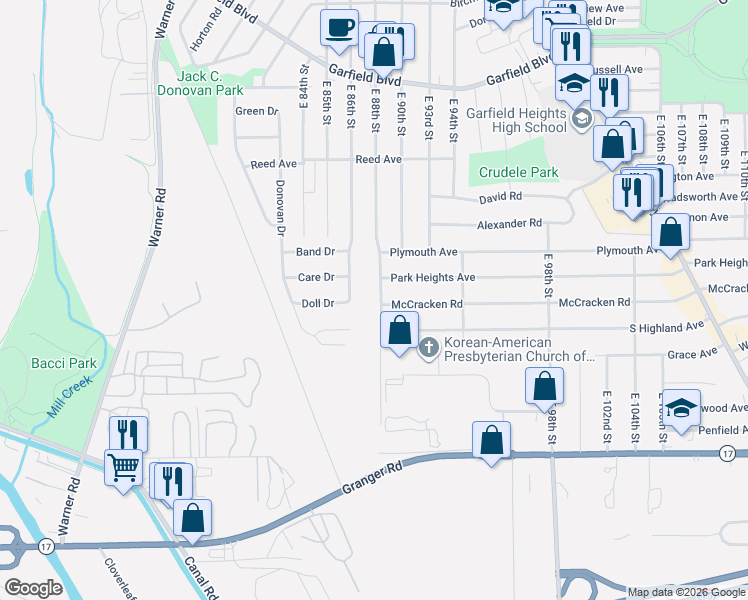 map of restaurants, bars, coffee shops, grocery stores, and more near 5044 East 88th Street in Garfield Heights
