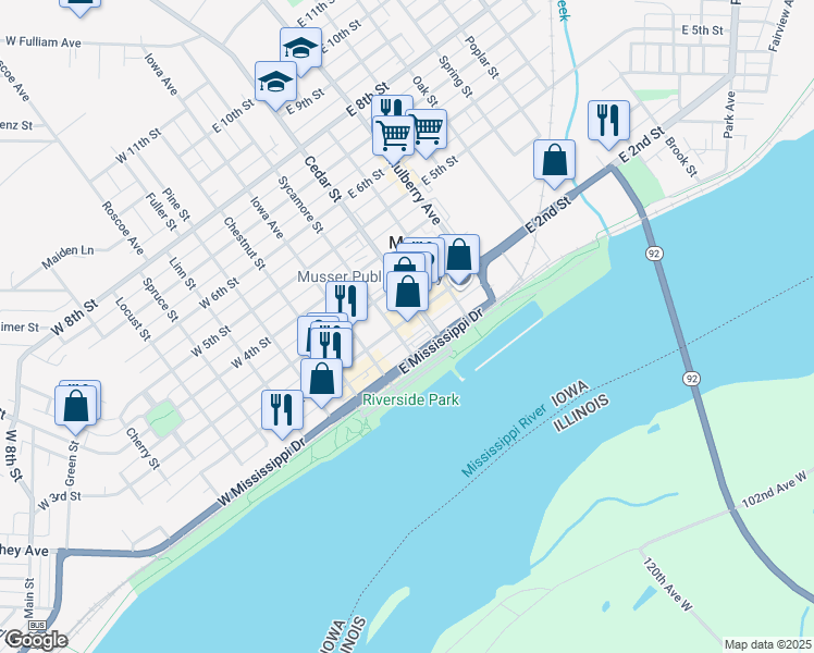 map of restaurants, bars, coffee shops, grocery stores, and more near in Muscatine