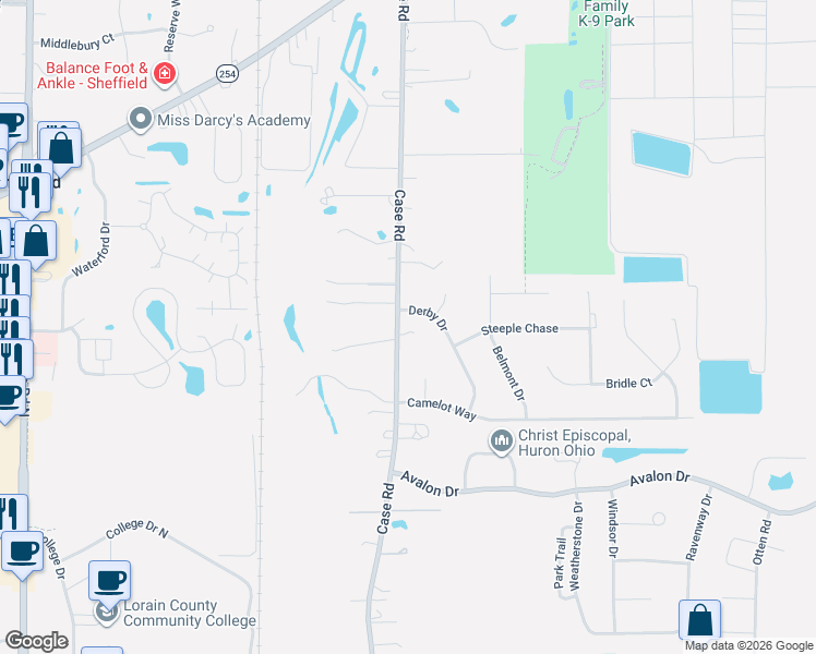 map of restaurants, bars, coffee shops, grocery stores, and more near 4561 Case Road in Avon