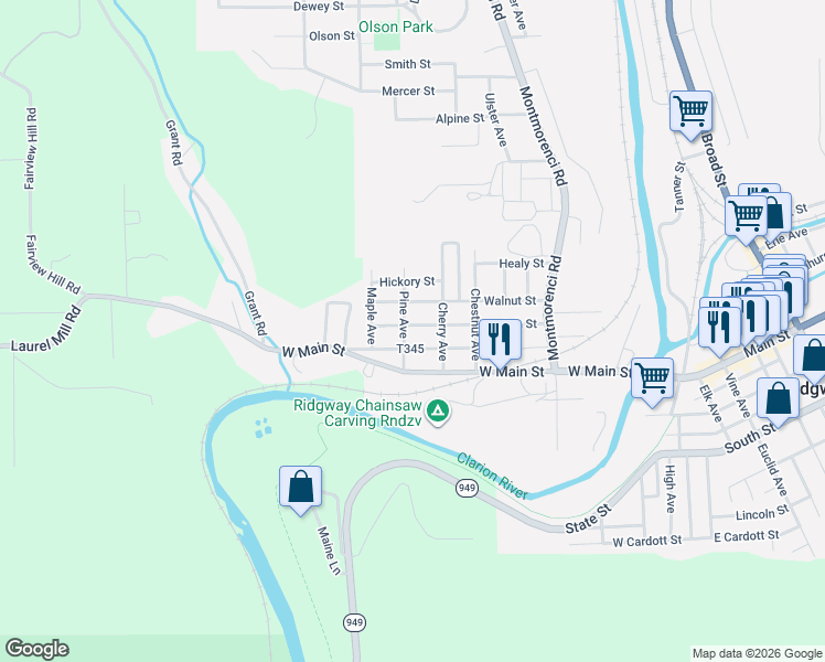map of restaurants, bars, coffee shops, grocery stores, and more near 416 Ash Street in Ridgway