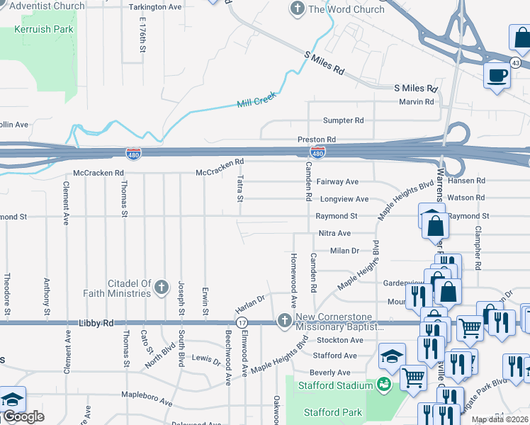 map of restaurants, bars, coffee shops, grocery stores, and more near 18914 Longview Avenue in Maple Heights