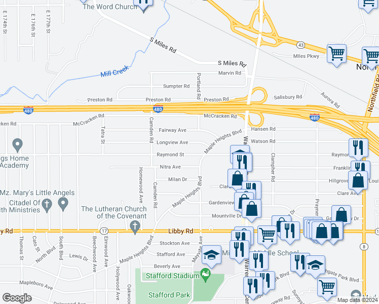 map of restaurants, bars, coffee shops, grocery stores, and more near 19605 Raymond Street in Maple Heights