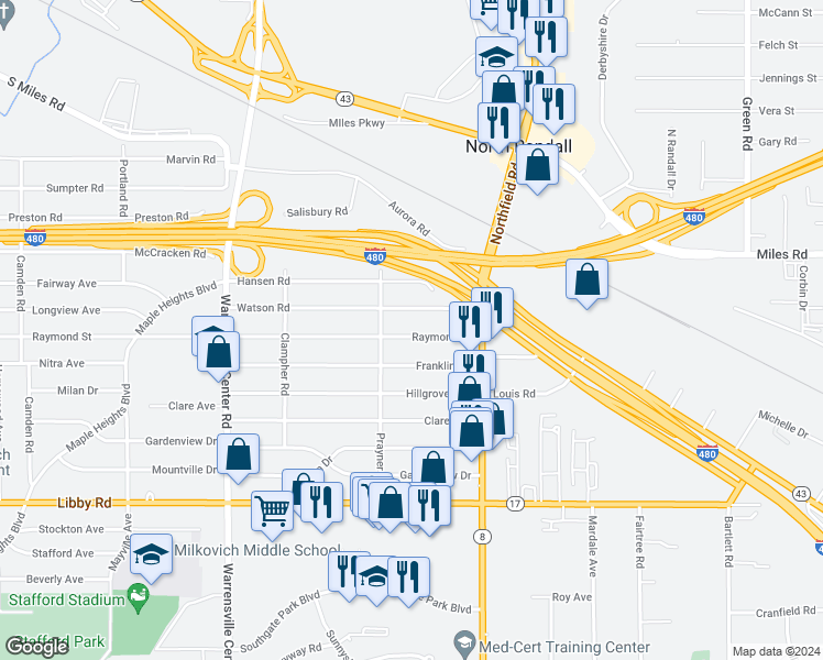 map of restaurants, bars, coffee shops, grocery stores, and more near 21311 Raymond Street in Maple Heights