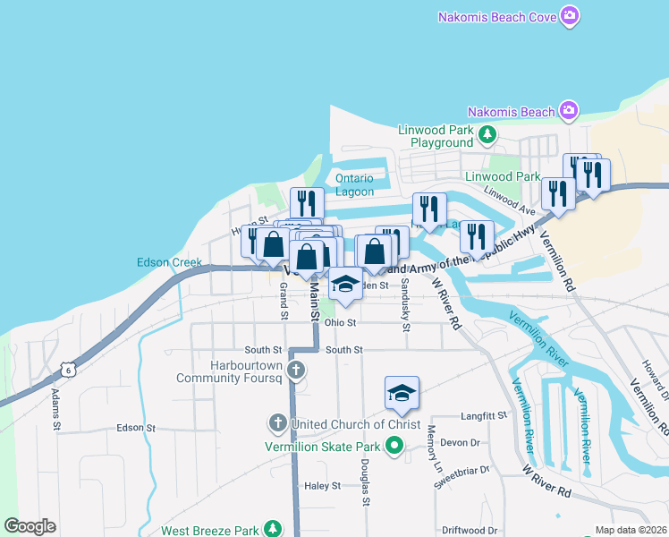 map of restaurants, bars, coffee shops, grocery stores, and more near Liberty Avenue & Exchange Street in Vermilion