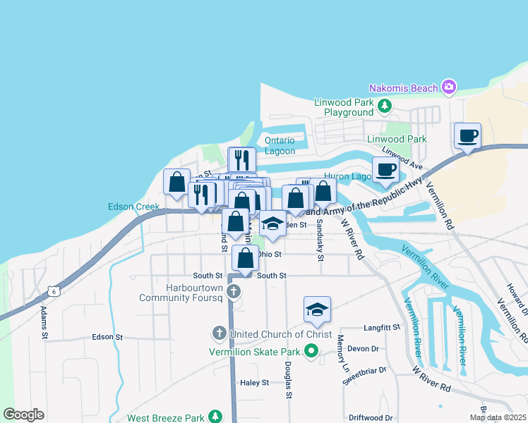 map of restaurants, bars, coffee shops, grocery stores, and more near 5472 Liberty Avenue in Vermilion