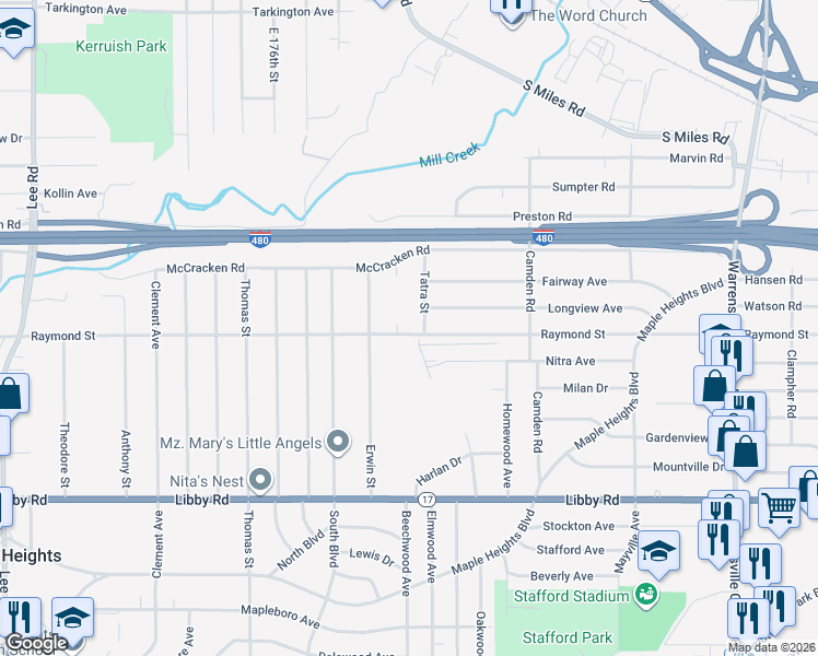 map of restaurants, bars, coffee shops, grocery stores, and more near 18501 Raymond Street in Maple Heights