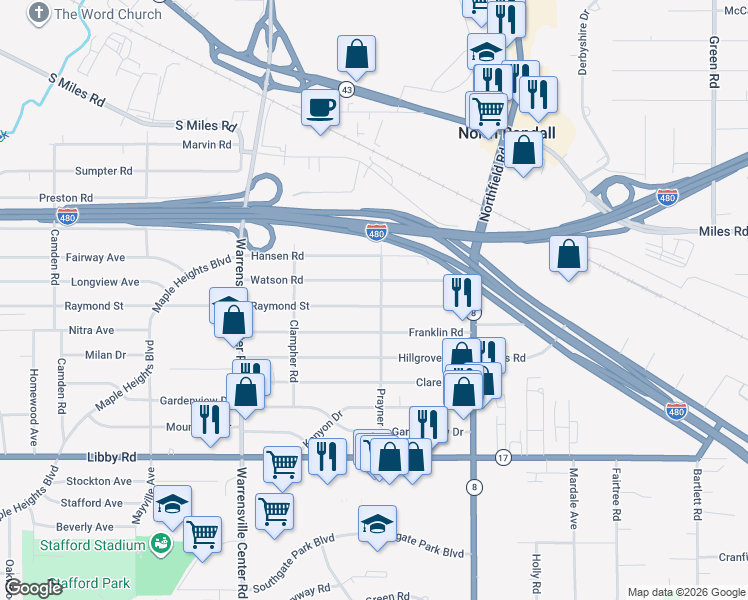 map of restaurants, bars, coffee shops, grocery stores, and more near 21204 Watson Road in Maple Heights