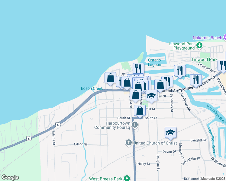map of restaurants, bars, coffee shops, grocery stores, and more near 624 Washington Street in Vermilion