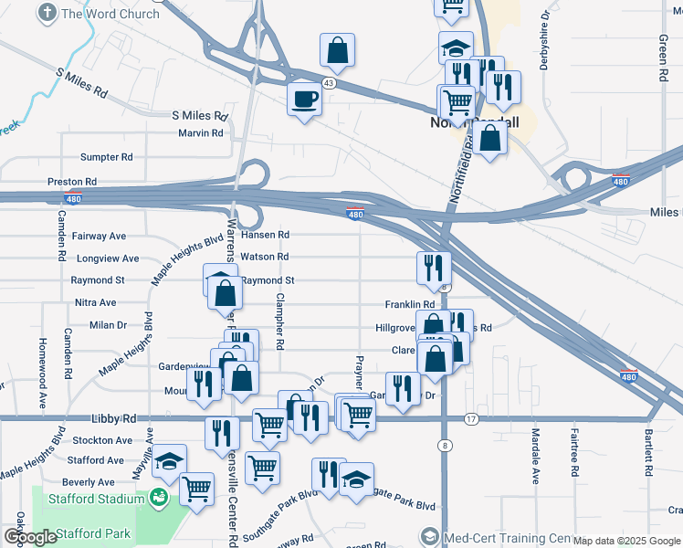 map of restaurants, bars, coffee shops, grocery stores, and more near 21008 Watson Road in Maple Heights