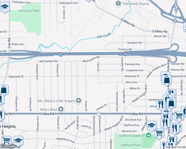 map of restaurants, bars, coffee shops, grocery stores, and more near 18501 Raymond Street in Maple Heights