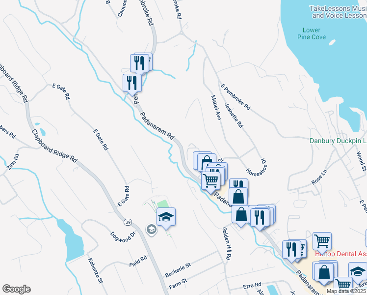 map of restaurants, bars, coffee shops, grocery stores, and more near 61B Padanaram Road in Danbury