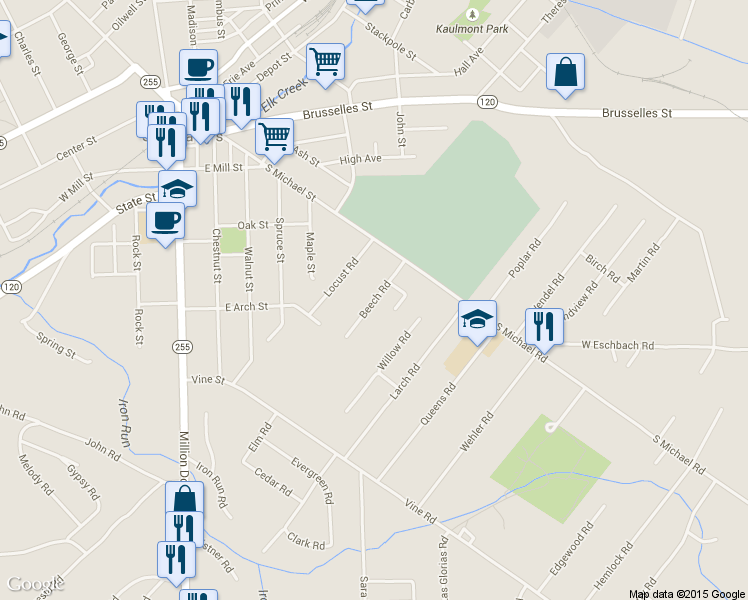 map of restaurants, bars, coffee shops, grocery stores, and more near 123 Beech Road in Saint Marys