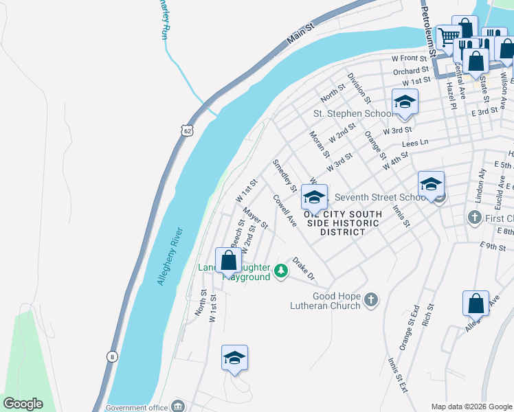 map of restaurants, bars, coffee shops, grocery stores, and more near 945 Beech St in Oil City