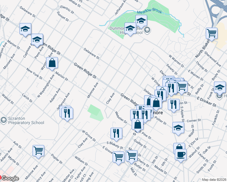 map of restaurants, bars, coffee shops, grocery stores, and more near 1603 Clay Avenue in Dunmore
