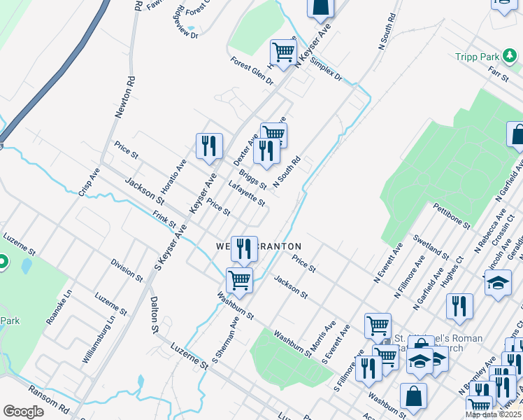 map of restaurants, bars, coffee shops, grocery stores, and more near 300 North Merrifield Avenue in Scranton