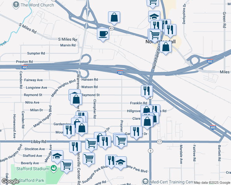 map of restaurants, bars, coffee shops, grocery stores, and more near 21008 Watson Road in Maple Heights