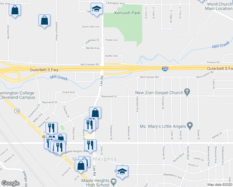 map of restaurants, bars, coffee shops, grocery stores, and more near 16650 Anthony Street in Maple Heights