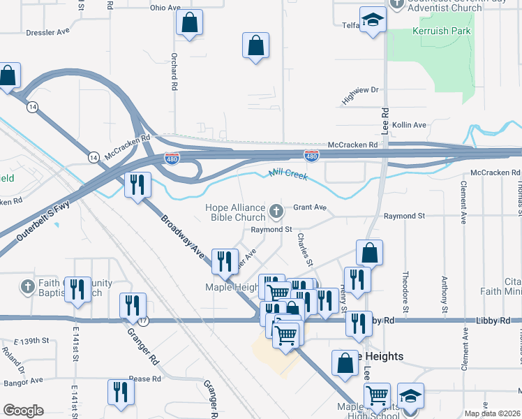 map of restaurants, bars, coffee shops, grocery stores, and more near 5067 Greenhurst Drive in Maple Heights