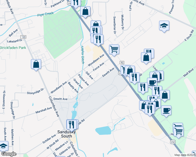 map of restaurants, bars, coffee shops, grocery stores, and more near 703 Dewitt Avenue in Sandusky