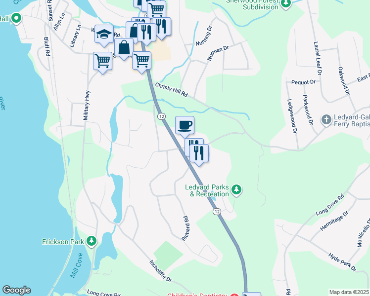 map of restaurants, bars, coffee shops, grocery stores, and more near 42 Kings Highway in Ledyard