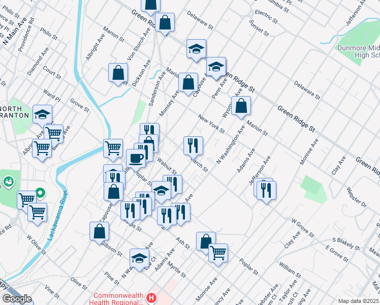 map of restaurants, bars, coffee shops, grocery stores, and more near 1315 Wyoming Avenue in Scranton