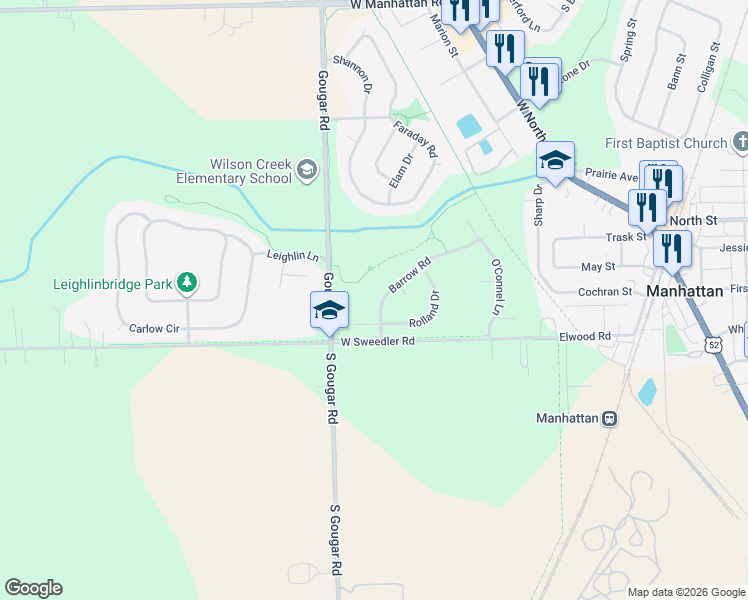 map of restaurants, bars, coffee shops, grocery stores, and more near 25620 Barrow Road in Manhattan