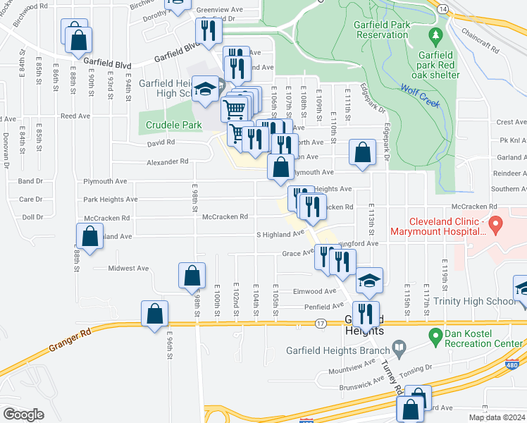map of restaurants, bars, coffee shops, grocery stores, and more near 10411 McCracken Road in Garfield Heights