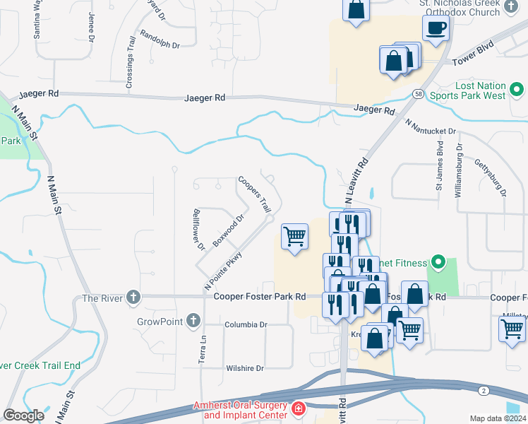 map of restaurants, bars, coffee shops, grocery stores, and more near 3301 Coopers Trail in Lorain