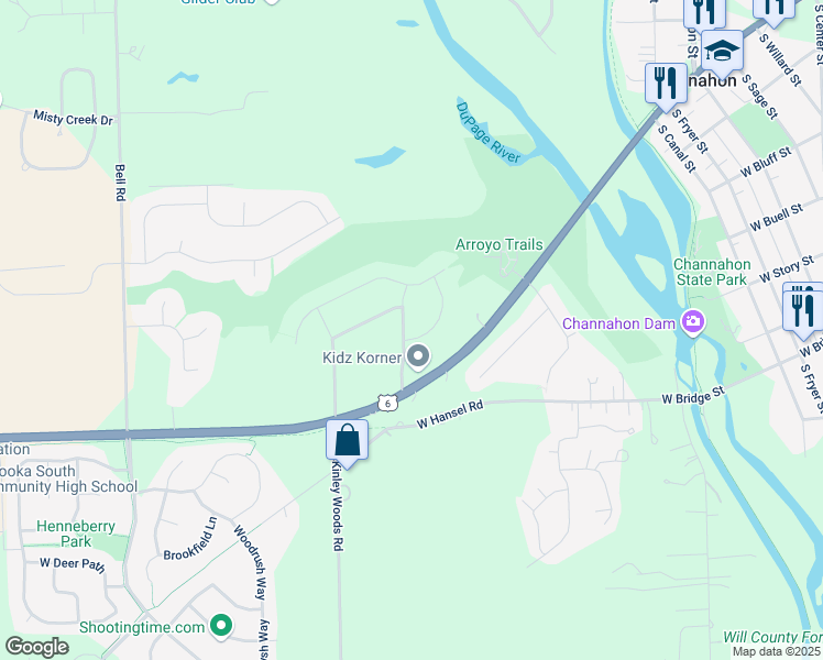 map of restaurants, bars, coffee shops, grocery stores, and more near 25332 Forest Edge Drive in Channahon