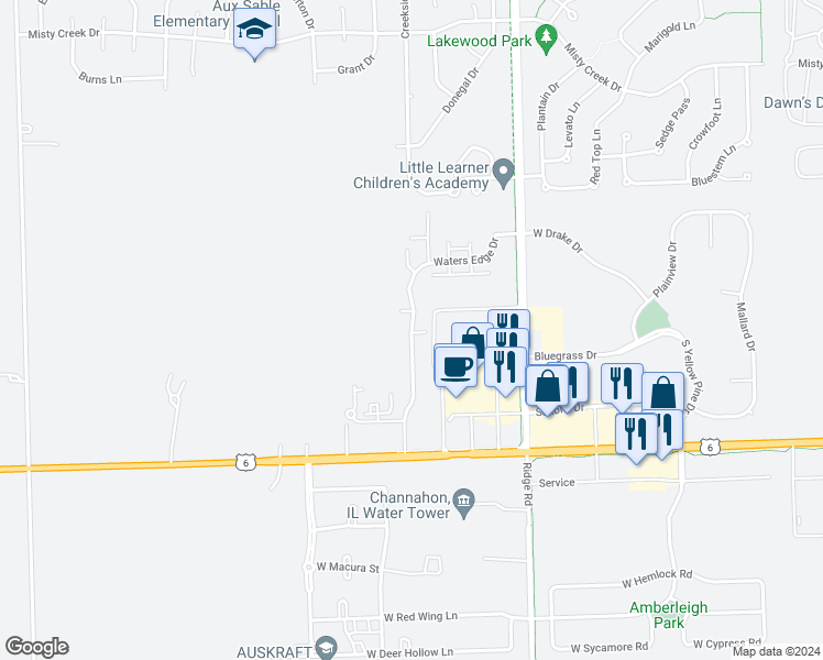 map of restaurants, bars, coffee shops, grocery stores, and more near 1877 Waters Edge Drive in Minooka