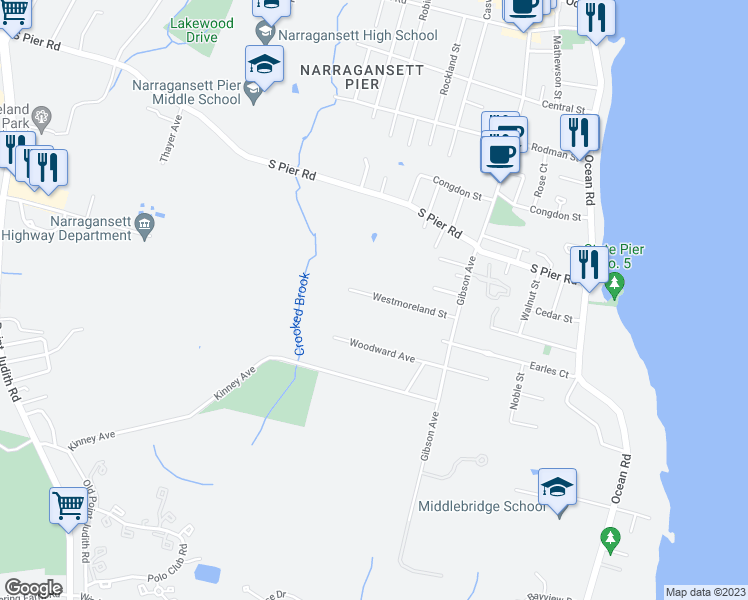 map of restaurants, bars, coffee shops, grocery stores, and more near 117 Westmoreland Street in Narragansett