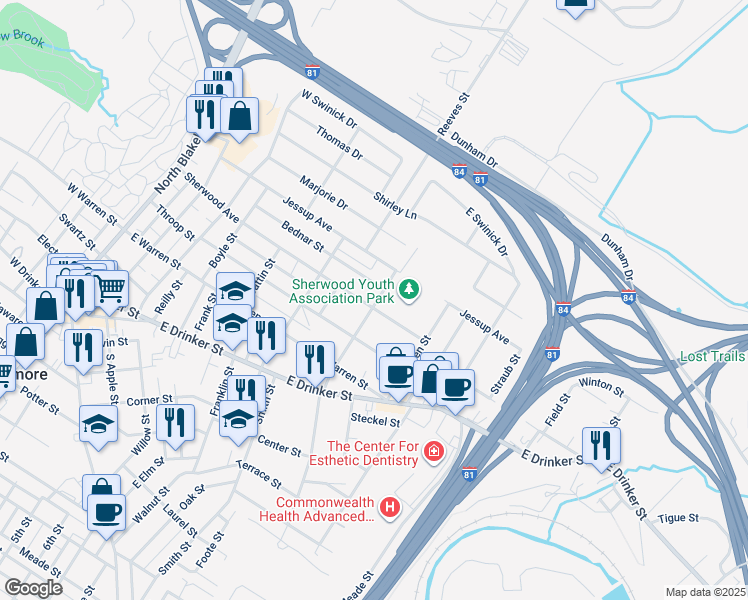 map of restaurants, bars, coffee shops, grocery stores, and more near 448 Barnard Street in Dunmore