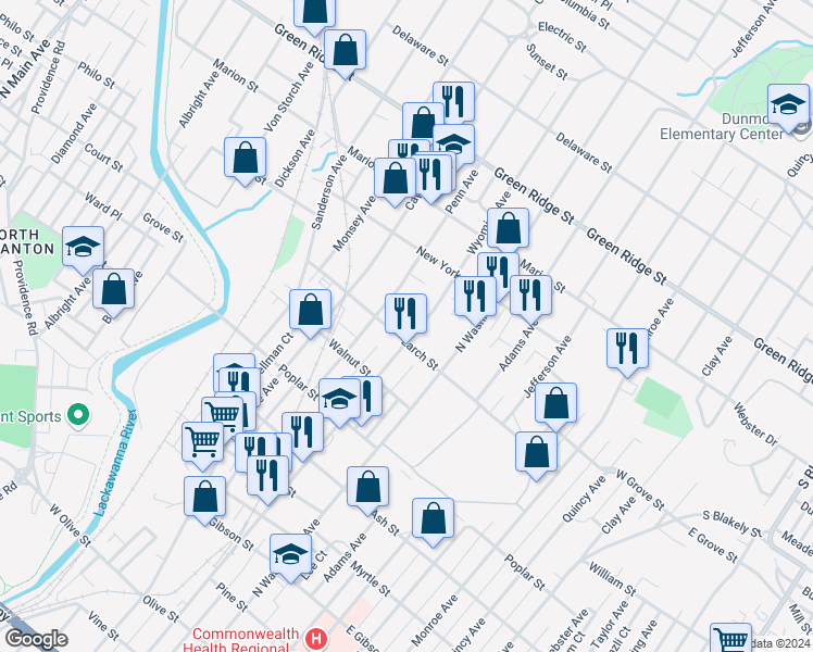 map of restaurants, bars, coffee shops, grocery stores, and more near 1315 Wyoming Avenue in Scranton