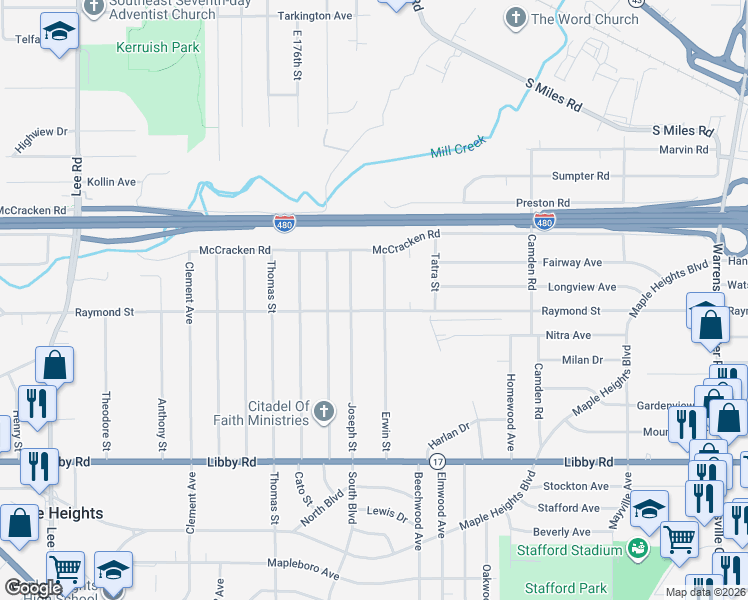 map of restaurants, bars, coffee shops, grocery stores, and more near 5062 Erwin Street in Maple Heights