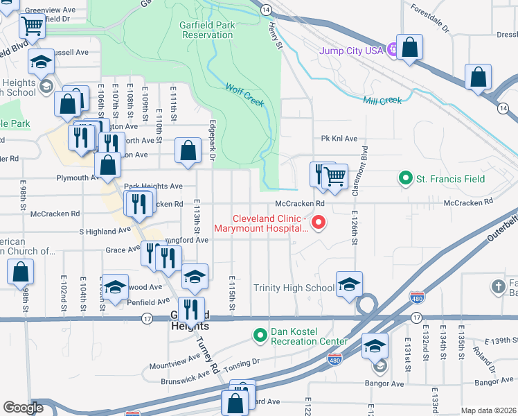 map of restaurants, bars, coffee shops, grocery stores, and more near 11803 McCracken Road in Garfield Heights