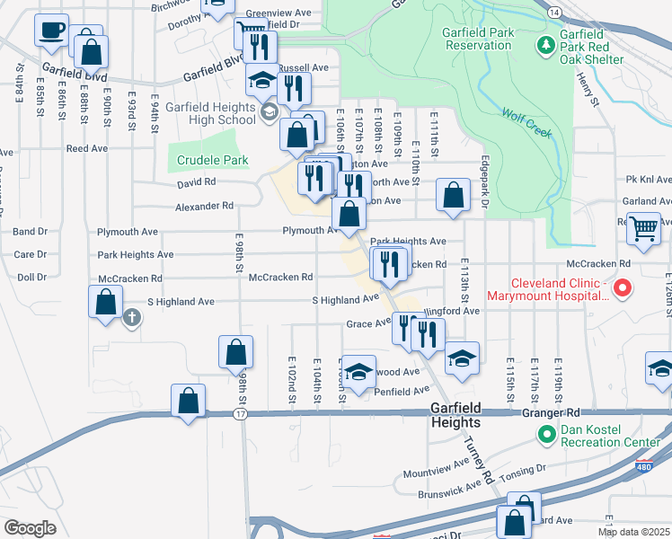 map of restaurants, bars, coffee shops, grocery stores, and more near 10414 Park Heights Avenue in Garfield Heights