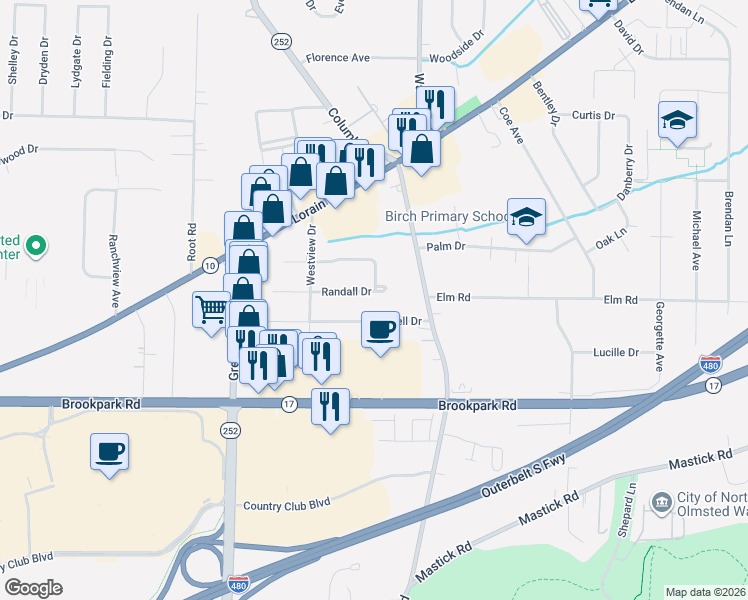 map of restaurants, bars, coffee shops, grocery stores, and more near 24655 Randall Drive in North Olmsted
