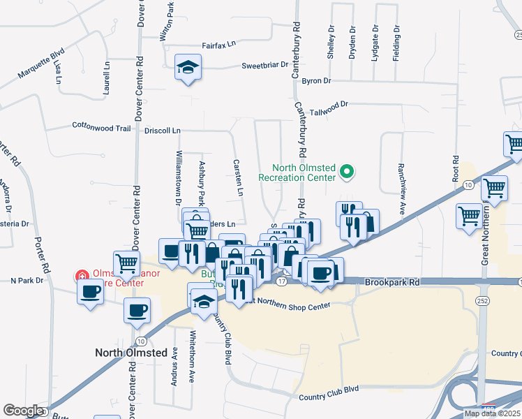 map of restaurants, bars, coffee shops, grocery stores, and more near 4601 Silverdale Road in North Olmsted