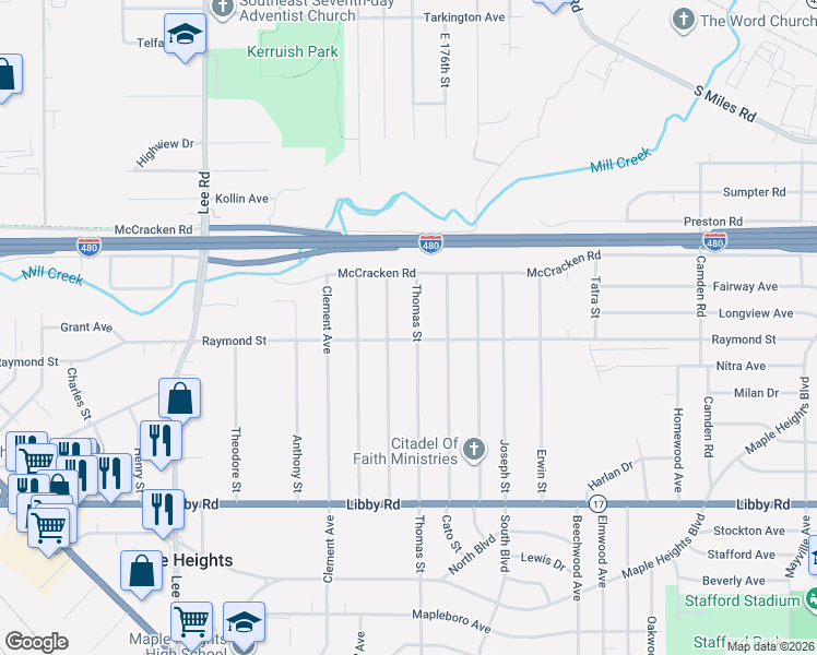 map of restaurants, bars, coffee shops, grocery stores, and more near 5063 Thomas Street in Maple Heights