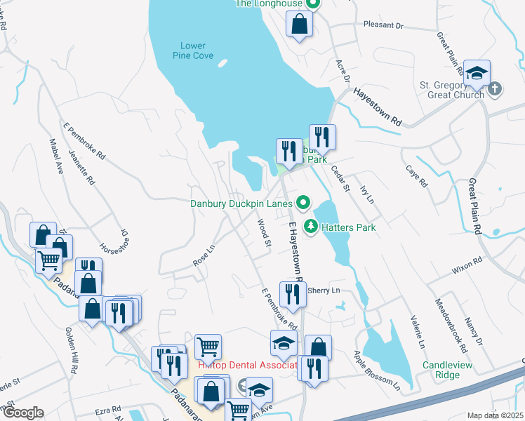 map of restaurants, bars, coffee shops, grocery stores, and more near 13 Hayestown Road in Danbury