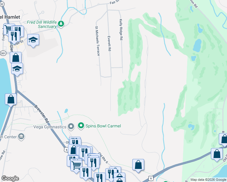 map of restaurants, bars, coffee shops, grocery stores, and more near 52 Everett Road in Carmel Hamlet