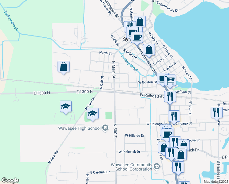 map of restaurants, bars, coffee shops, grocery stores, and more near 506 West Railroad Avenue in Syracuse
